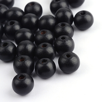 Dyed Natural Wood Beads, Round, Black, 7x6mm, Hole: 2mm, about 9000pcs/1000g