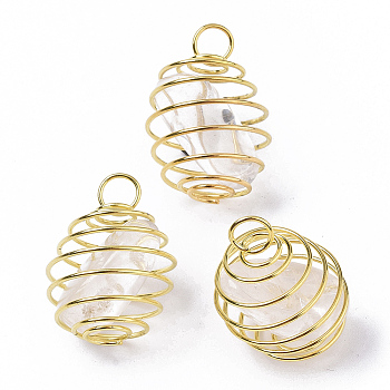 Iron Wrap-around Spiral Bead Cage Pendants, with Natural Quartz Crystal Beads inside, Round, Golden, 21x24~26mm, Hole: 5mm