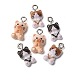 Opaque Resin Pendants, Cat Shape, with Platinum Iron Loop, Mixed Color, 16x8.5x5mm, Hole: 2mm(RESI-P045-05P-M)