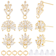 6 Pairs 3 Style Flower Brass Cubic Zirconia Stud Earring Findings, with Loops, 40Pcs Jump Rings, 40Pcs Plastic Ear Nuts, Golden, 10~14.2x7.5~12.5mm, Hole: 1~1.2mm, Pin: 0.7~0.8mm, 2 Pairs/style(KK-CN0003-19)