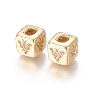 Brass Micro Pave Cubic Zirconia Beads, Long-Lasting Plated, Cube with Bees Pattern, Golden, Clear, Golden, 10x8x8.5mm, Hole: 1.5x3.5mm and 4mm(ZIRC-G162-16G-03)