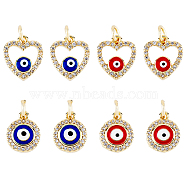 8Pcs 4 Styles Evil Eye Brass Micro Pave Clear Cubic Zirconia Charms, with Enamel and Jump Rings, Golden, Heart & Flat Round, Mixed Color, 13x11x3mm, Hole: 3mm, 2pcs/style(KK-DC0002-64)