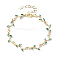 Brass Pave Green Cubic Zirconia Branch Links Bracelets for Women, Golden, 7-5/8 inch(19.3cm)(BJEW-JB10261)