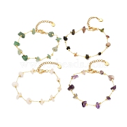 Natural Mixed Gemstone Chip Beaded Bracelet for Girl Women, Brass Cable Chain Bracelet, Golden, 6-3/4 inch(17.3cm)(BJEW-JB06983)