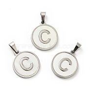 304 Stainless Steel with White Shell Pendants, Stainless Steel Color, Flat Round with Letter Charm, Letter.C, 18x16x1.5mm, Hole: 3x6mm(STAS-G268-01C-P)
