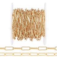 Soldered Brass Paperclip Chains, Flat Oval, Drawn Elongated Cable Chains, Long-Lasting Plated, with Spool, Real 18K Gold Plated, 10x3.6x1.1mm, about 16.4 Feet(5m)/roll(CHC-G005-18G)
