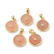 Natural Sunstone Charms, with Golden Brass Findings and Clear Cubic Zirconia, Long-Lasting Plated, Flat Round, 14x11.5x2.5mm, Hole: 4x3mm(KK-L192-B04)