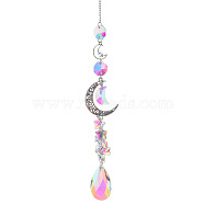 Glass Moon Hanging Suncatcher Pendant Decoration, Teardrop Crystal Ceiling Chandelier Ball Prism Pendants, with Alloy & Iron Findings, Colorful, 420~430mm(DJEW-PW0008-10A)