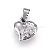 304 Stainless Steel Pendants, Hammered, Puffed Heart with Bumpy, Stainless Steel Color, 14x13.5x5.5mm, Hole: 7x4.5mm(STAS-P209-53P)