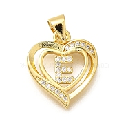 Rack Plating Brass Micro Pave Cubic Zirconia Pendants, Long-Lasting Plated, Lead Free & Cadmium Free,Real 18K Gold Plated, Heart with Letter Charms, Letter E, 17.5x15x2.5mm, Hole: 5x3mm(KK-L226-101G-E)