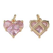 Brass Micro Pave Clear Cubic Zirconia Pendants, with Jump Rings, Nickel Free, Real 18K Gold Plated, Heart, Pink, 12x12x3.5mm, Jump Ring: 5x1mm, 3mm inner diameter(X-KK-N233-228A)