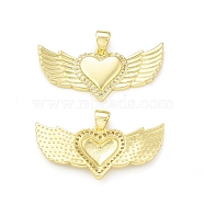 Rack Plating Brass Micro Pave Clear Cubic Zirconia Pendants, Cadmium Free & Lead Free, Long-Lasting Plated, Heart with Wing Charm, Real 18K Gold Plated, 14.5x31.5x3mm, Hole: 4x3.5mm(KK-C011-29G)