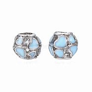 Rack Plating Alloy Enamel European Beads, Large Hole Beads, Cadmium Free & Lead Free, Rondelle with Heart, Light Sky Blue, 11x9.5mm, Hole: 4.5mm(MPDL-N039-191)