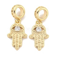 Brass Pave Clear Cubic Zirconia European Dangle Charms, Evil Eye Hamsa Hand Large Hole Pendants, Real 18K Gold Plated, 25mm, Hole: 5mm, Hamsa Hand: 17x11x2mm(KK-S386-34G)