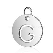 304 Stainless Steel Charms, Flat Round with Letter, Stainless Steel Color, Letter.G, 12x1mm, Hole: 2.5mm(STAS-S105-T514S-G)