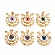 Brass Micro Pave Clear Cubic Zirconia Pendants, with Resin Eye, Cadmium Free & Nickel Free & Lead Free, Real 16K Gold Plated, Mixed Color, 20x19x7mm, Hole: 5x3mm(ZIRC-S067-072-NR)