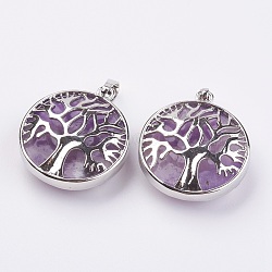 Natural Amethyst Pendants, with Platinum Tone Brass Findings, Flat Round with Tree of Life, 31.5x28x11.5mm, Hole: 5x7mm(KK-K216-A05)