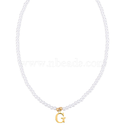 Imitation Pearl with Stainless Steel Pendants Necklaces, Lead Free & Nickel Free & Cadmium Free, Letter, Letter G, 15.83~16.22 inch(40.2~41.2cm), end extender: 48~51mm long, pendants: 13x10mm(NJEW-LP0001-51G-G)