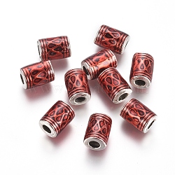Antique Silver Plated Alloy Beads, with Enamel, Column, Red, 10x7mm, Hole: 3mm(ENAM-L031-E01-AS)