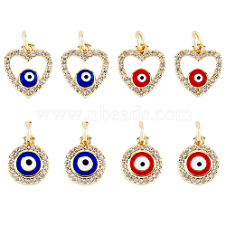 DICOSMETIC 8Pcs 4 Styles Evil Eye Brass Micro Pave Clear Cubic Zirconia Charms, with Enamel and Jump Rings, Golden, Heart & Flat Round, Mixed Color, 13x11x3mm, Hole: 3mm, 2pcs/style(KK-DC0002-64)