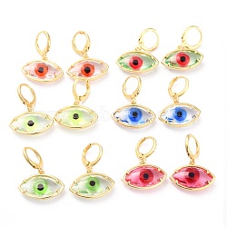 Brass Glass Huggie Hoop Earrings, with Enamel, Evil Eye, Golden, Mixed Color, 26mm, Pin: 0.6mm(RJEW-J100-01G)