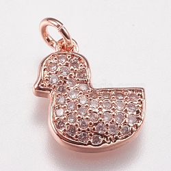 Brass Micro Pave Cubic Zirconia Charms, Duck, Rose Gold, 12x11x3mm, Hole: 2mm(ZIRC-E147-40RG)