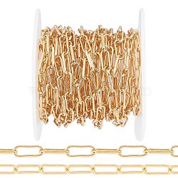 Soldered Brass Paperclip Chains, Flat Oval, Drawn Elongated Cable Chains, Long-Lasting Plated, with Spool, Real 18K Gold Plated, 10x3.6x1.1mm, about 16.4 Feet(5m)/roll(CHC-G005-18G)