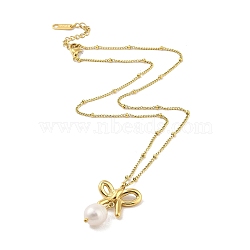 304 Stainless Steel with Freshwater Pearl Pendant Necklace, Bowknot, Real 18K Gold Plated, 15.83 inch(40.2cm)(NJEW-Z036-02G)