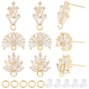 6 Pairs 3 Style Flower Brass Cubic Zirconia Stud Earring Findings, with Loops, 40Pcs Jump Rings, 40Pcs Plastic Ear Nuts, Golden, 10~14.2x7.5~12.5mm, Hole: 1~1.2mm, Pin: 0.7~0.8mm, 2 Pairs/style