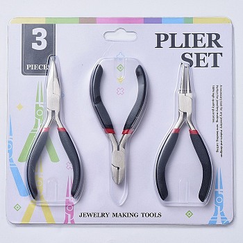 Carbon Steel Jewelry Pliers Sets, Ferronickel, Side Cutter, Round Nose and Chain Nose Pliers, Black, 11~12.5cm