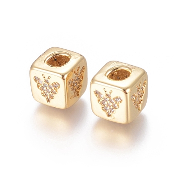 Brass Micro Pave Cubic Zirconia Beads, Long-Lasting Plated, Cube with Bees Pattern, Golden, Clear, Golden, 10x8x8.5mm, Hole: 1.5x3.5mm and 4mm