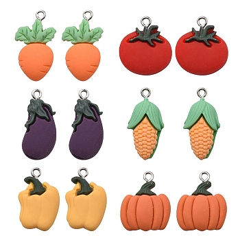 12Pcs 6 Styles Opaque Resin Pendants, Vegetable Charms, with Platinum Tone Alloy Loops, Mixed Color, 21~28x13~19.5x4~7mm, Hole: 2mm, 2pcs/style