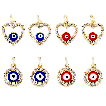 8Pcs 4 Styles Evil Eye Brass Micro Pave Clear Cubic Zirconia Charms, with Enamel and Jump Rings, Golden, Heart & Flat Round, Mixed Color, 13x11x3mm, Hole: 3mm, 2pcs/style