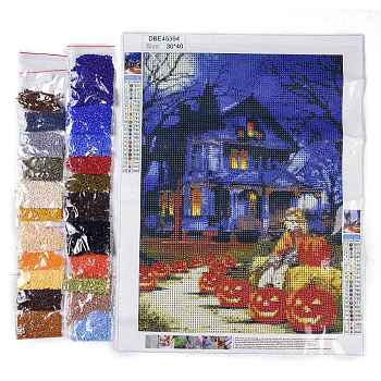 Halloween DIY Diamond Painting Kit, Including Acrylic Rhinestones Bag, Diamond Sticky Pen, Tray Plate, Glue Clay and Canvas, House, 400x300x0.3mm