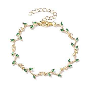 Brass Pave Green Cubic Zirconia Branch Links Bracelets for Women, Golden, 7-5/8 inch(19.3cm)