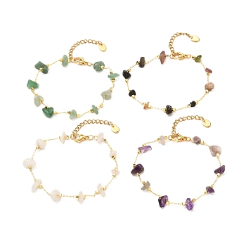 Natural Mixed Gemstone Chip Beaded Bracelet for Girl Women, Brass Cable Chain Bracelet, Golden, 6-3/4 inch(17.3cm)