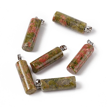 Natural Unakite Pendants, with Platinum Tone Brass Findings, Column Charm, 27x8mm, Hole: 6x3.2mm