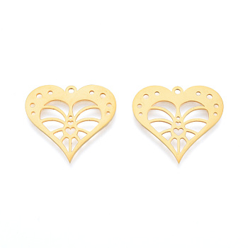 201 Stainless Steel Pendants, Laser Cut Pendants, Hollow Heart, Real 18K Gold Plated, 23.5x26x1mm, Hole: 1.5mm