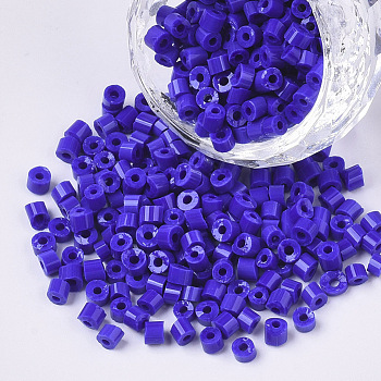 6/0 Glass Bugle Beads, Opaque Colours, Blue, 6/0 3.5~5x3.5~4mm, Hole: 1mm, about 4500pcs/bag