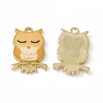 Painted Alloy Pendants, Owl Charm, Cadmium Free & Nickel Free & Lead Free, Golden, Sandy Brown, 21.5x15x2.3mm, Hole: 2mm