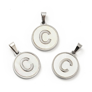 304 Stainless Steel with White Shell Pendants, Stainless Steel Color, Flat Round with Letter Charm, Letter.C, 18x16x1.5mm, Hole: 3x6mm