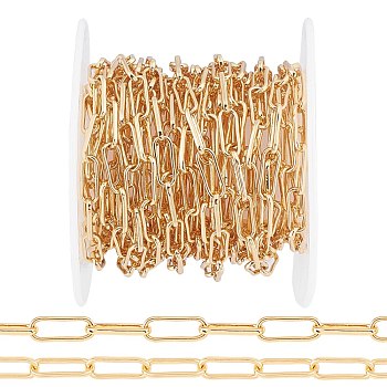 Soldered Brass Paperclip Chains, Flat Oval, Drawn Elongated Cable Chains, Long-Lasting Plated, with Spool, Real 18K Gold Plated, 10x3.6x1.1mm, about 16.4 Feet(5m)/roll