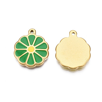 304 Stainless Steel Enamel Pendants, Real 18K Gold Plated, Flower, Sea Green, 22x18.5x3mm, Hole: 1.6mm