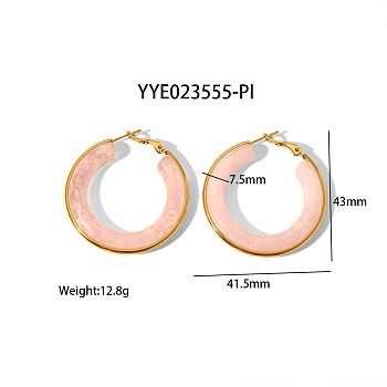 Stylish Stainless Steel Fever Hoop Earrings, with Thick Circle Design, Pink, 43x41.5x7.5mm