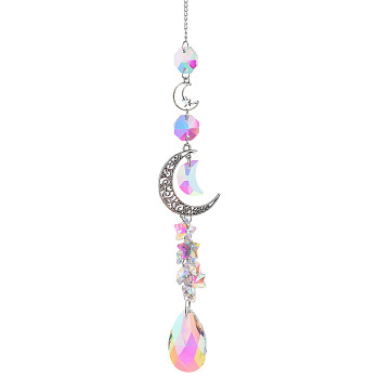 Glass Moon Hanging Suncatcher Pendant Decoration, Teardrop Crystal Ceiling Chandelier Ball Prism Pendants, with Alloy & Iron Findings, Colorful, 420~430mm
