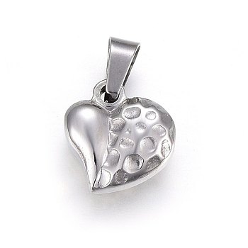 304 Stainless Steel Pendants, Hammered, Puffed Heart with Bumpy, Stainless Steel Color, 14x13.5x5.5mm, Hole: 7x4.5mm