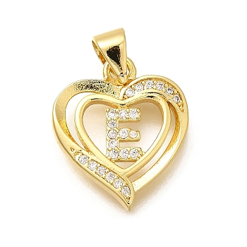 Rack Plating Brass Micro Pave Cubic Zirconia Pendants, Long-Lasting Plated, Lead Free & Cadmium Free,Real 18K Gold Plated, Heart with Letter Charms, Letter E, 17.5x15x2.5mm, Hole: 5x3mm