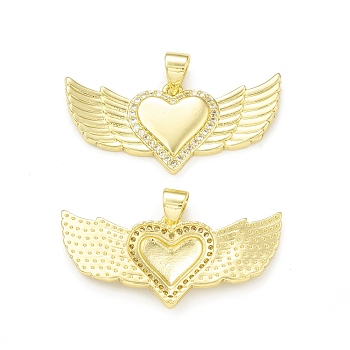 Rack Plating Brass Micro Pave Clear Cubic Zirconia Pendants, Cadmium Free & Lead Free, Long-Lasting Plated, Heart with Wing Charm, Real 18K Gold Plated, 14.5x31.5x3mm, Hole: 4x3.5mm