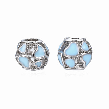 Rack Plating Alloy Enamel European Beads, Large Hole Beads, Cadmium Free & Lead Free, Rondelle with Heart, Light Sky Blue, 11x9.5mm, Hole: 4.5mm