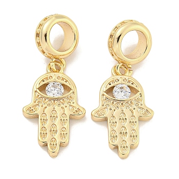 Brass Pave Clear Cubic Zirconia European Dangle Charms, Evil Eye Hamsa Hand Large Hole Pendants, Real 18K Gold Plated, 25mm, Hole: 5mm, Hamsa Hand: 17x11x2mm